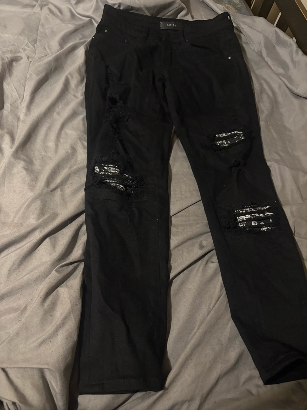 AMIRI Black Distressed Ripped Jeans with Sequin Underlay